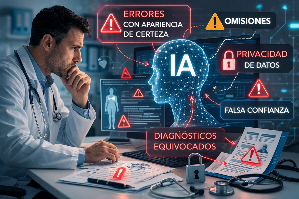 Ilustración médica que muestra los riesgos del uso de inteligencia artificial generativa en salud: errores clínicos, omisión de información y problemas de privacidad de datos.