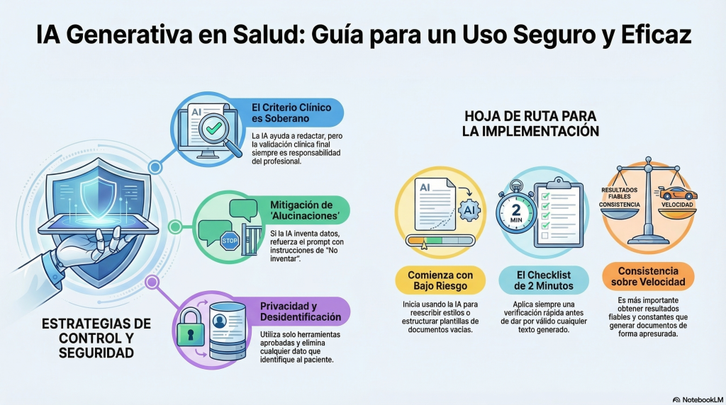 Infografía sobre uso seguro de la IA generativa en salud que muestra estrategias de control, criterio clínico, mitigación de alucinaciones, privacidad de datos y una hoja de ruta de implementación con checklist y casos de bajo riesgo.