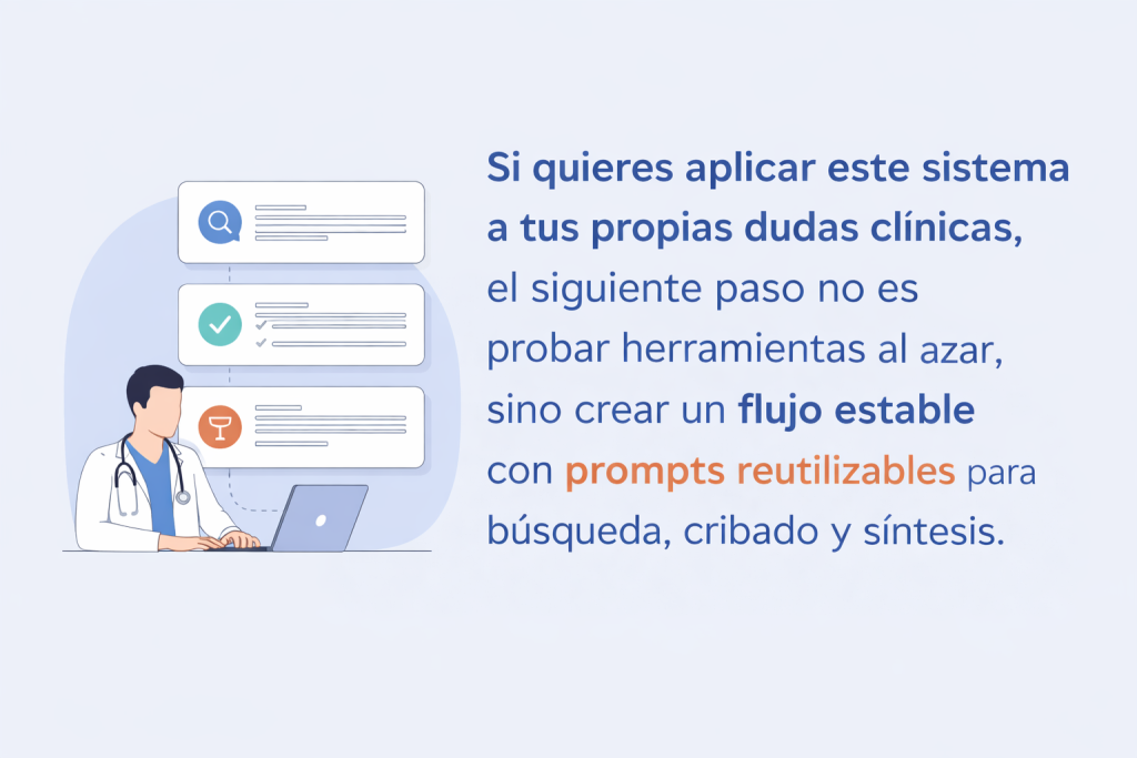 Si quieres aplicar este sistema a tus propias dudas clínicas, el siguiente paso no es probar herramientas al azar, sino crear un flujo estable con prompts reutilizables para búsqueda, cribado y síntesis.