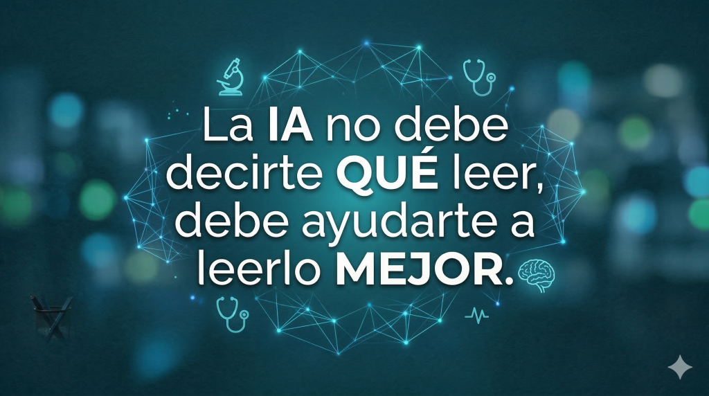 Imagen conceptual de color verde azulado profundo con una frase central en tipografía sans-serif blanca y teal: 'La IA no debe decirte QUÉ leer, debe ayudarte a leerlo MEJOR'. El fondo es texturizado y profesional, mostrando sutiles e integradas redes neuronales de IA y abstractos iconos médicos (un microscopio, un estetoscopio, un cerebro) con un brillo cian y azul tenue, creando un aura tecnológica y rigurosa sin distraer del texto principal.