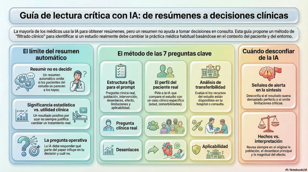 Infografía médica que explica cómo usar la inteligencia artificial para la lectura crítica de estudios clínicos, incluyendo límites de los resúmenes automáticos, método de 7 preguntas clave y señales de alerta para evaluar la evidencia en la práctica clínica.