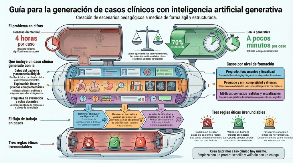 Infografía educativa titulada "Guía para la generación de casos clínicos con inteligencia artificial generativa". La imagen utiliza un diseño futurista basado en una cápsula tecnológica para explicar cómo optimizar la creación de escenarios pedagógicos en medicina.