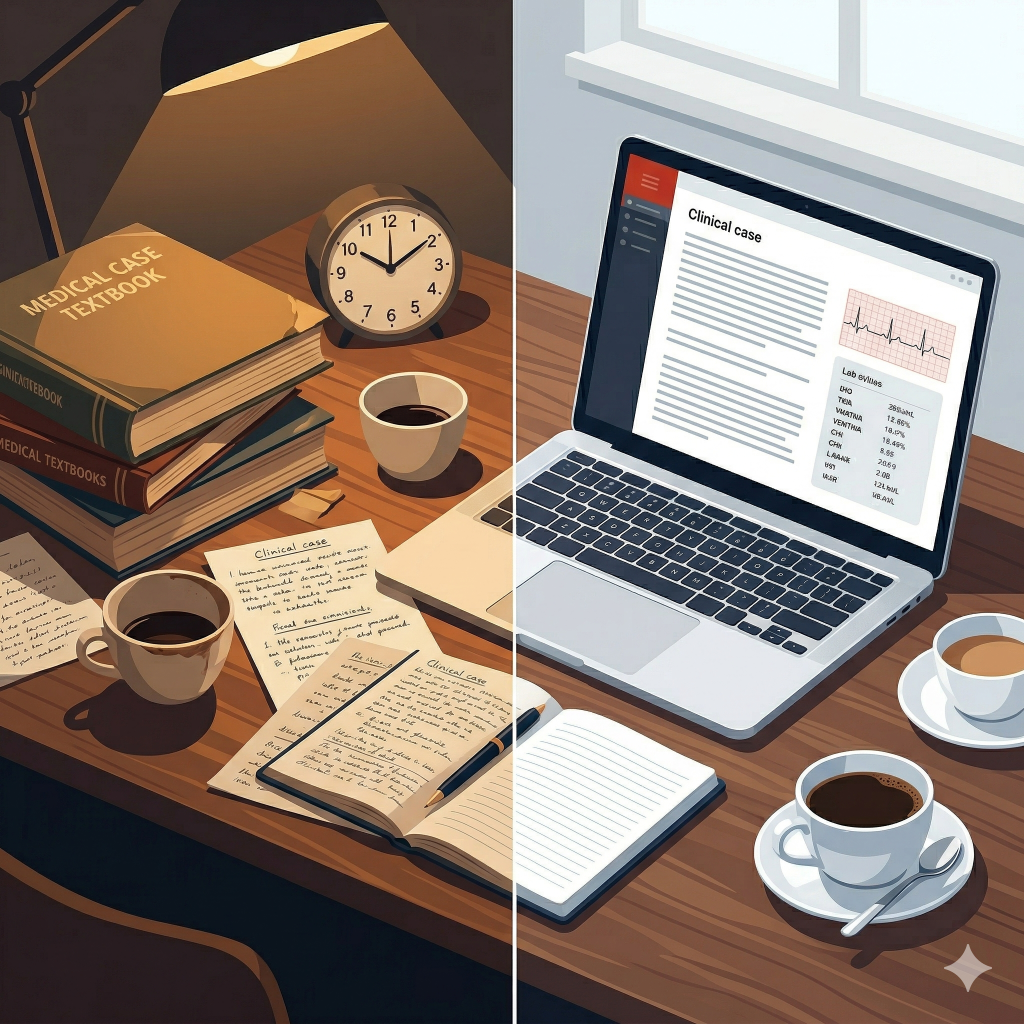 Ilustración editorial dividida en dos mitades. A la izquierda, mesa de trabajo desordenada con libros, notas manuscritas y luz tenue que representa la preparación tradicional de casos clínicos. A la derecha, la misma mesa ordenada con un portátil y luz natural que representa la preparación asistida por inteligencia artificial generativa.