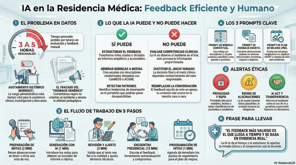 Infografía sobre el uso ético de la IA en la residencia médica. Muestra problemas de tiempo, capacidades de la IA, flujos de trabajo para tutores, prompts clave y advertencias sobre privacidad y alucinaciones.
