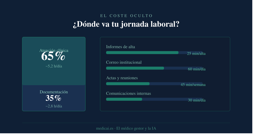 ¿Dónde va tu jornada laboral?" Infografía que muestra que el 35% de la jornada del médico se dedica a documentación administrativa: informes de alta, correo, actas y comunicaciones.