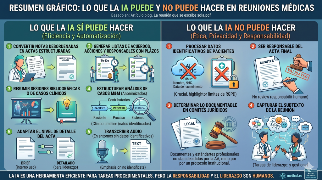 Infografía sobre los usos y líneas rojas de la IA en gestión de reuniones clínicas