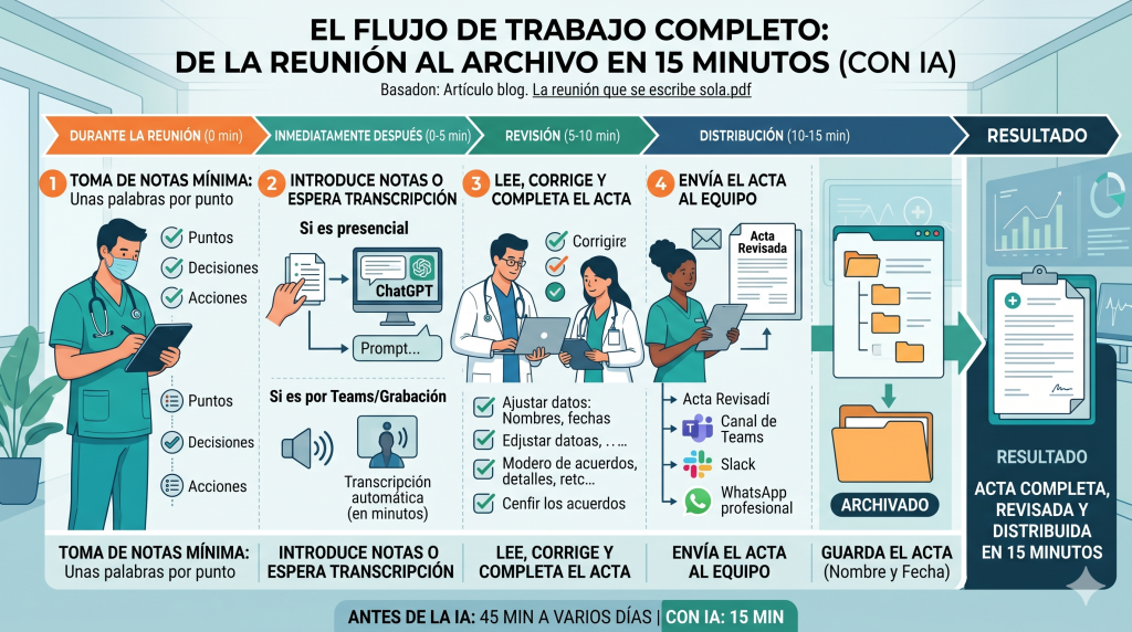 Infografía sobre los 5 pasos para pasar de una reunión de servicio a un archivo resumen